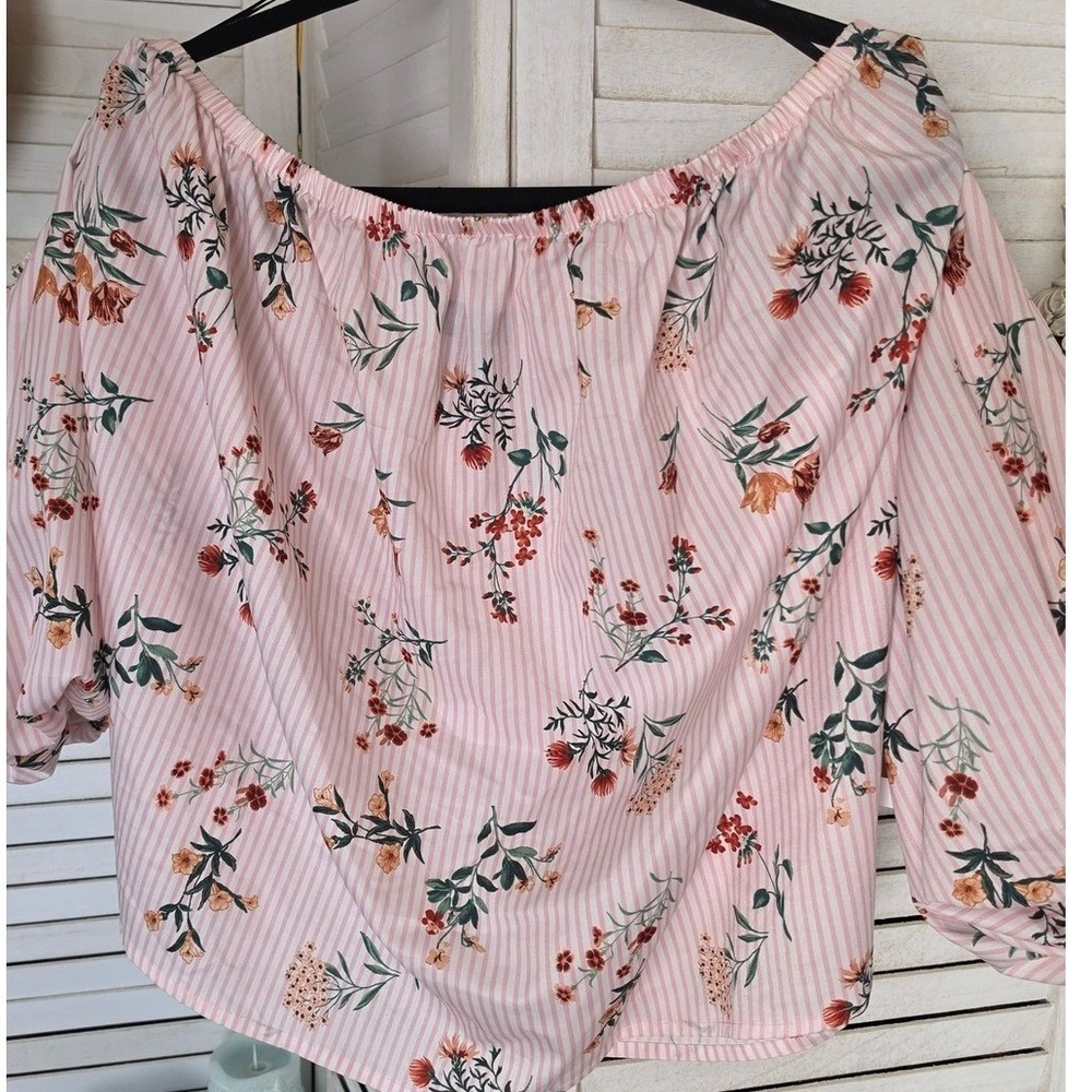 Forever 21 Pink Striped Floral Off-Shoulder Blouse Size 2X Cottagecore Boho Top